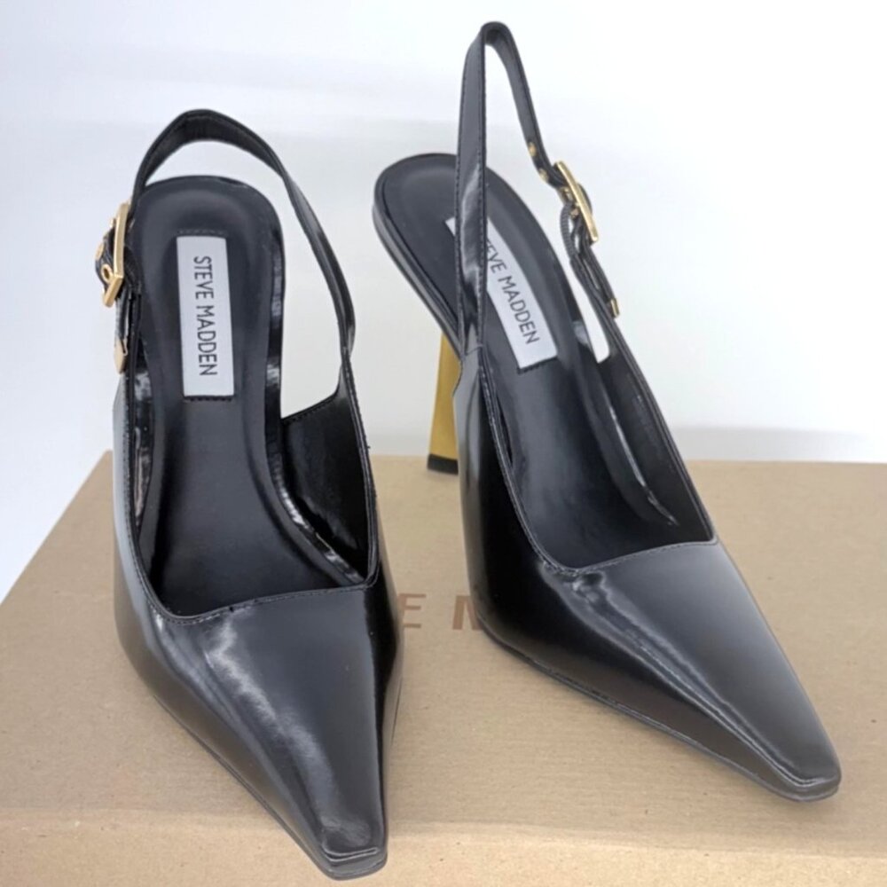 Steve Madden Divine Heels Black Gold Leather Pointy Toe Pumps Size 7
